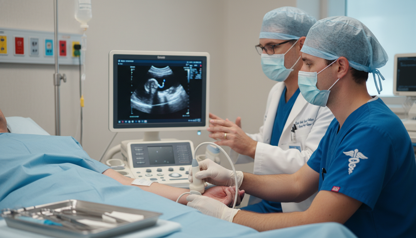 DO anesthesiology resident performing ultrasound-guided regional block - DO graduate residency for Fellowship Preparation for