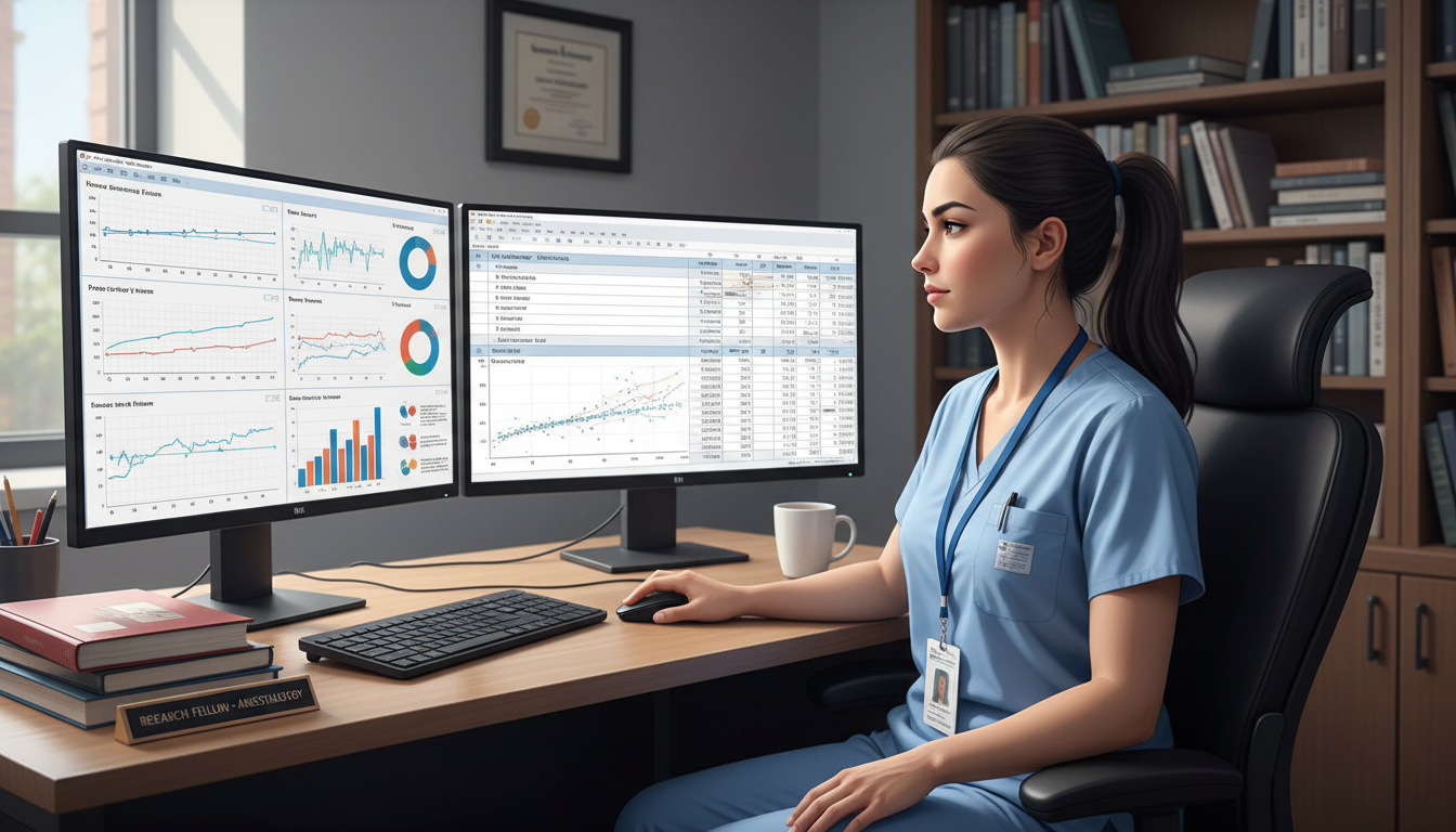 Anesthesiology resident analyzing perioperative data on a computer Anesthesiology resident analyzing perioperative data on a computer - DO graduate residency for Research During Residency for