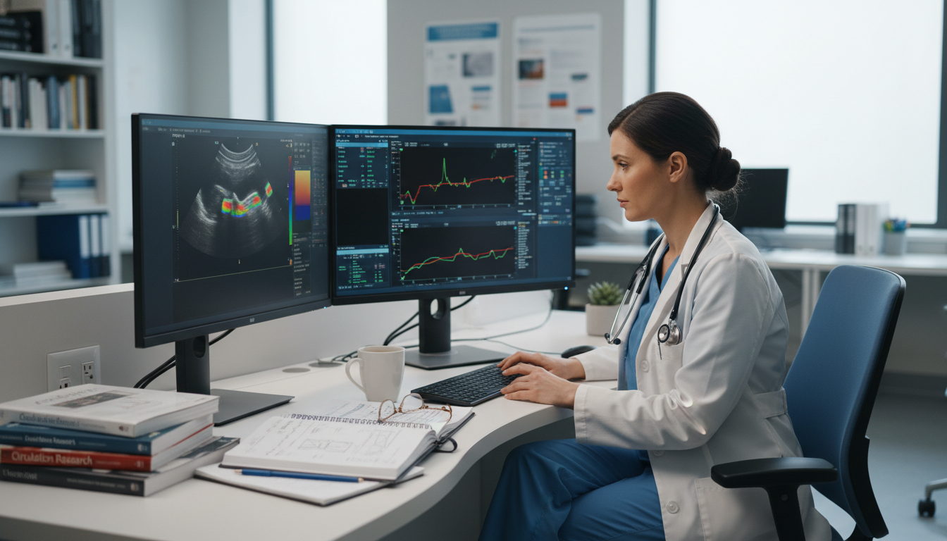 Cardiology resident analyzing echocardiography data for a research project - DO graduate residency for Research During Reside