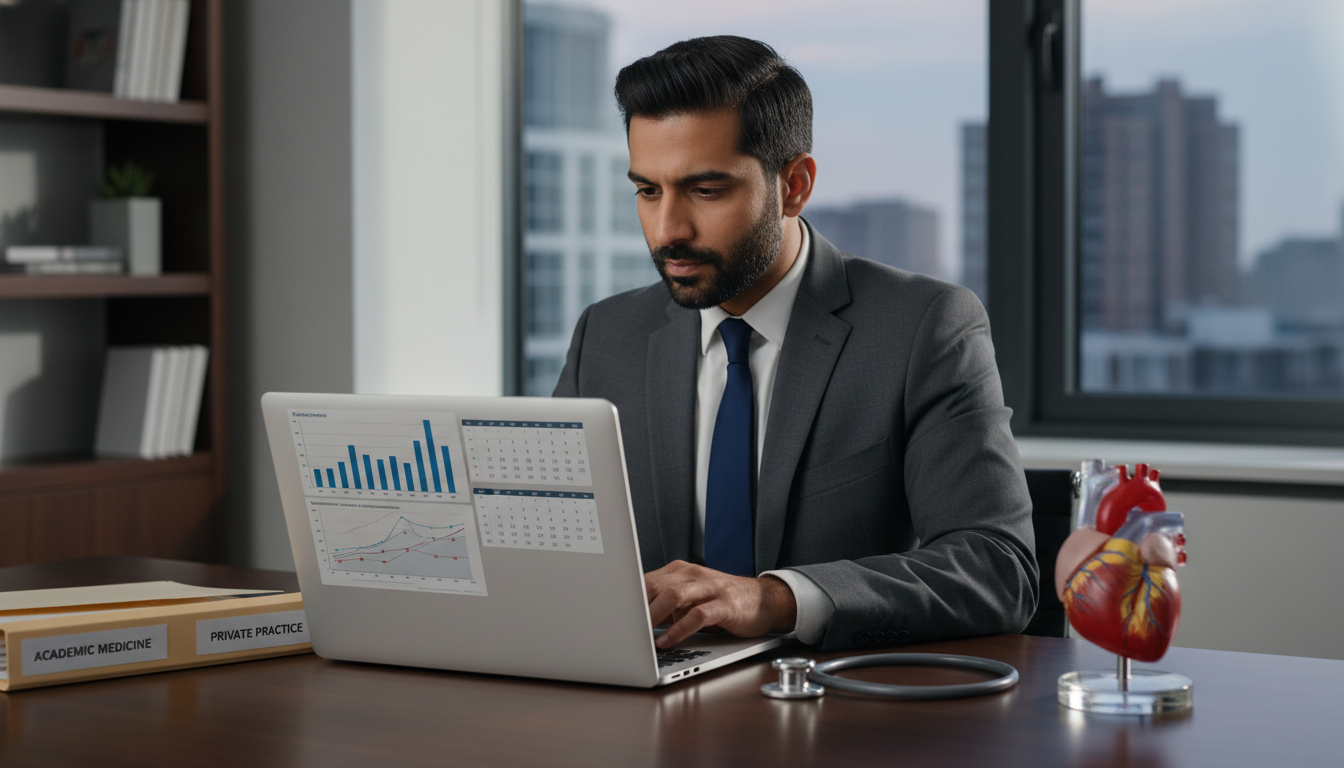 Cardiothoracic surgeon reviewing financial and lifestyle considerations of academic vs private practice Cardiothoracic surgeon reviewing financial and lifestyle considerations of academic vs private practice - DO graduate residen