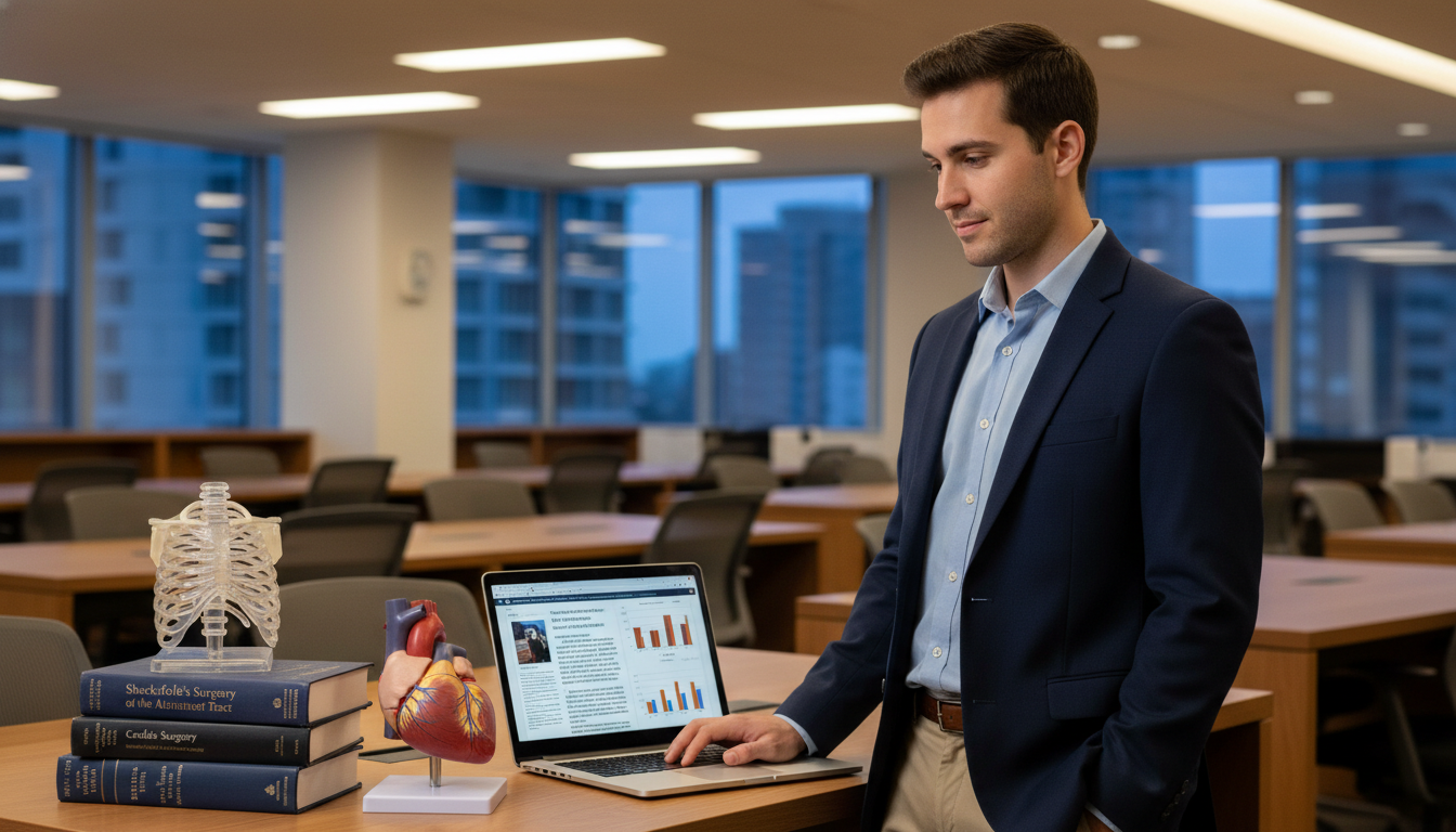 DO student working on cardiothoracic surgery research in hospital library DO student working on cardiothoracic surgery research in hospital library - DO graduate residency for CV Building for DO Grad
