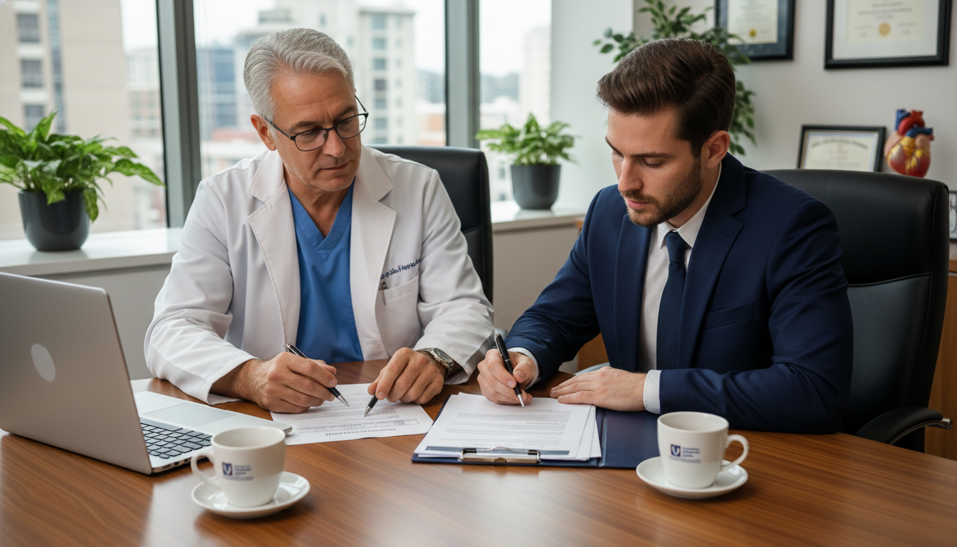 Cardiothoracic surgeon reviewing job contract with mentor - DO graduate residency for Job Search Timing for DO Graduate in Ca