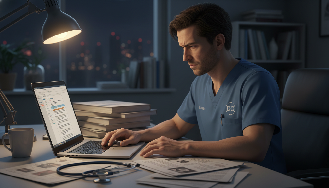 DO cardiothoracic resident working on manuscript at night DO cardiothoracic resident working on manuscript at night - DO graduate residency for Research During Residency for DO Gradua