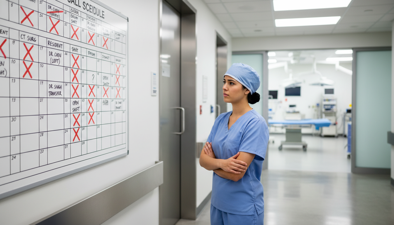 Cardiothoracic surgery resident looking at an empty spot on the call schedule board Cardiothoracic surgery resident looking at an empty spot on the call schedule board - DO graduate residency for Resident Turn