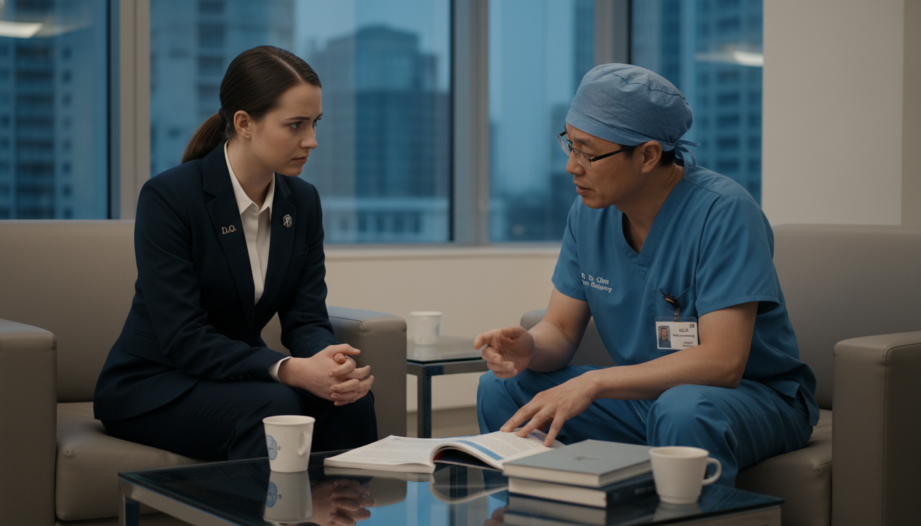 DO cardiothoracic surgery applicant talking privately with a senior resident DO cardiothoracic surgery applicant talking privately with a senior resident - DO graduate residency for Resident Turnover Wa