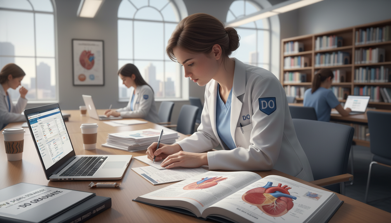 DO student studying for Step 2 CK in hospital library - DO graduate residency for Step Score Strategy for DO Graduate in Card