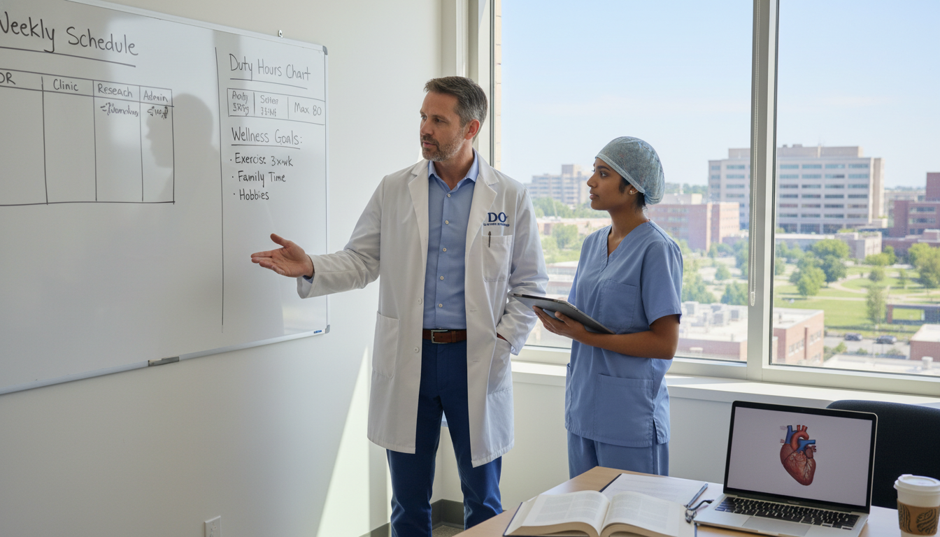 Osteopathic DO cardiothoracic resident discussing schedule with mentor Osteopathic DO cardiothoracic resident discussing schedule with mentor - DO graduate residency for Work-Life Balance Assessme