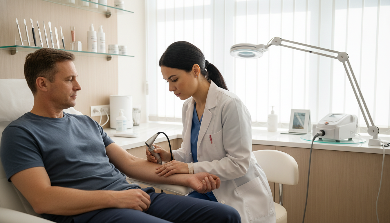 Dermatologist in a private practice clinic consulting with a patient Dermatologist in a private practice clinic consulting with a patient - DO graduate residency for Academic vs Private Practice