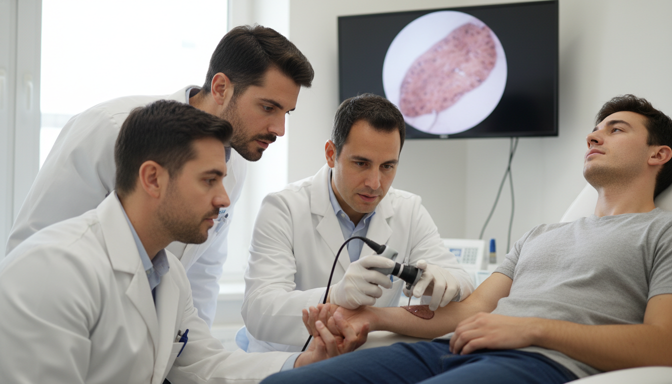 Dermatology residents and student on away rotation examining a skin lesion with dermatoscope - DO graduate residency for Away