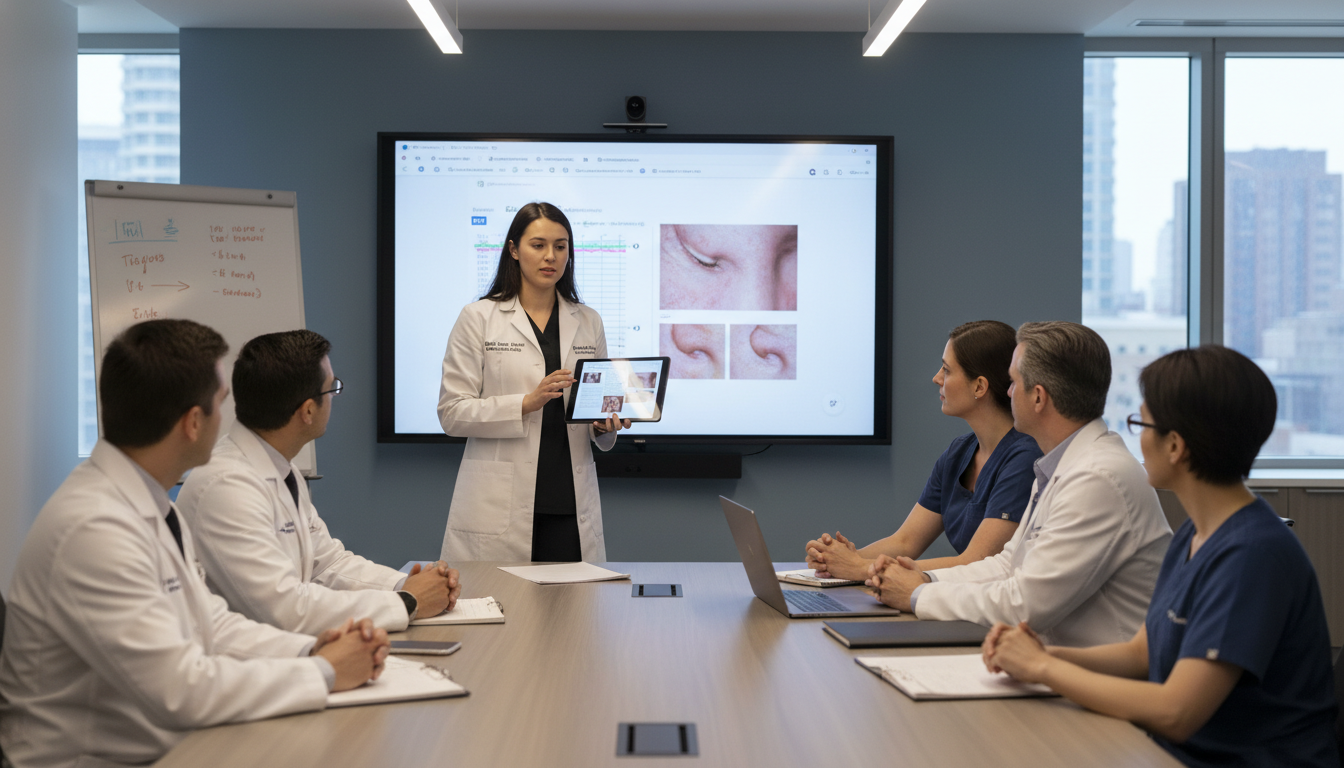 Visiting dermatology student DO graduate giving a case presentation to faculty - DO graduate residency for Away Rotation Stra