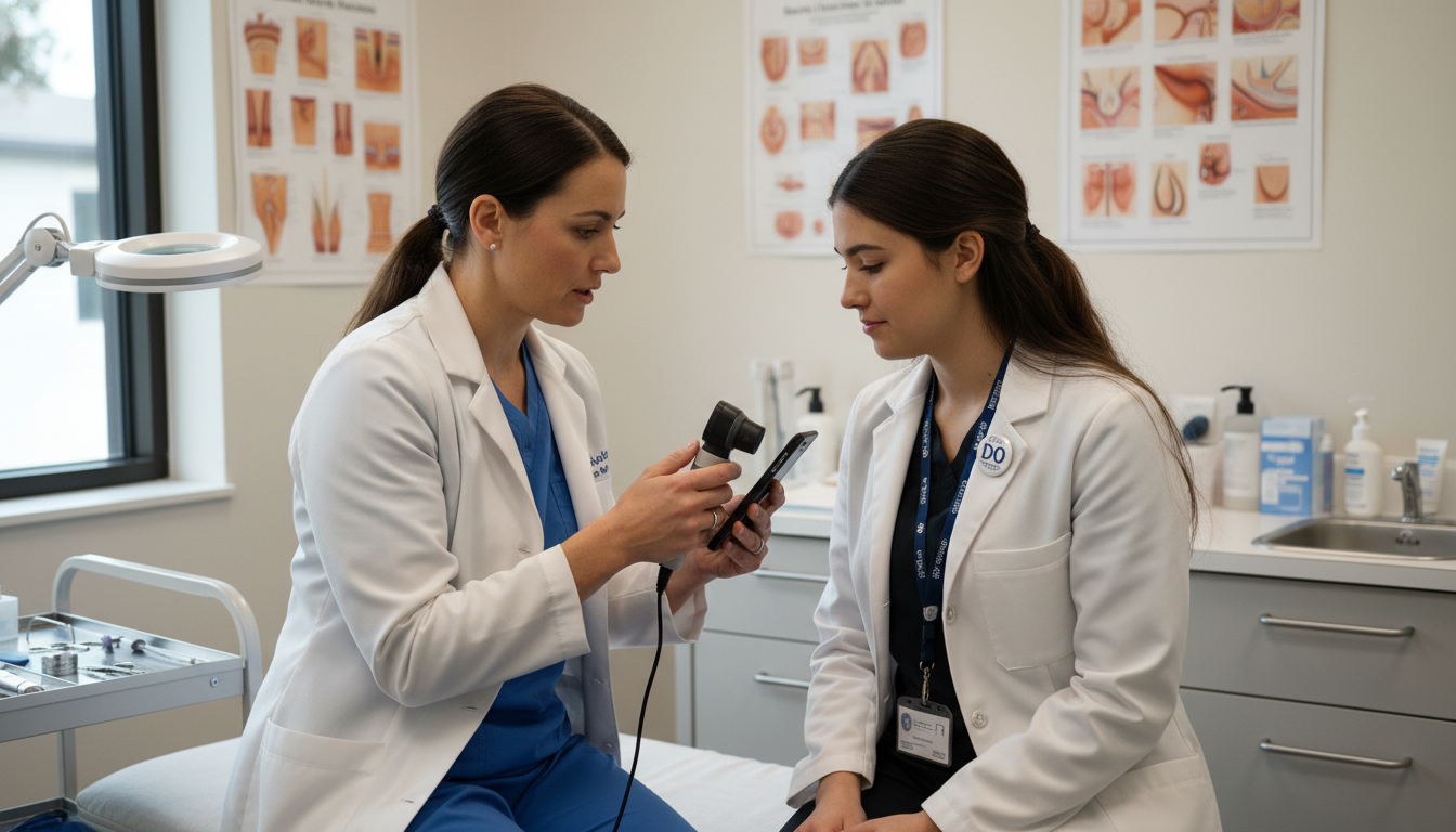 Dermatology Resident and Medical Student During Skin Exam Dermatology Resident and Medical Student During Skin Exam - DO graduate residency for Letters of Recommendation for DO Gradua