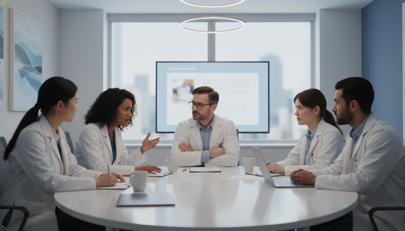 Dermatology residents at a conference table discussing program culture Dermatology residents at a conference table discussing program culture - DO graduate residency for Identifying Malignant Prog