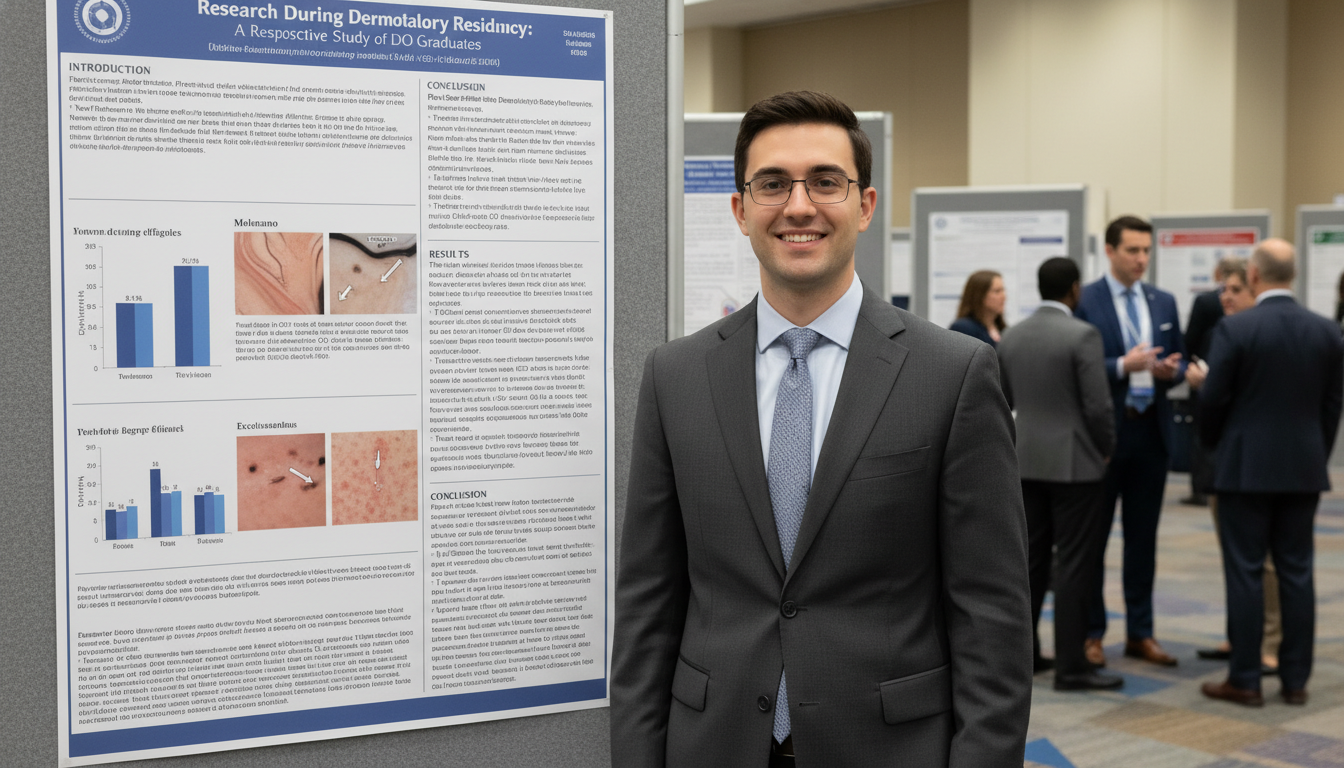Dermatology resident presenting research poster at a medical conference - DO graduate residency for Research During Residency