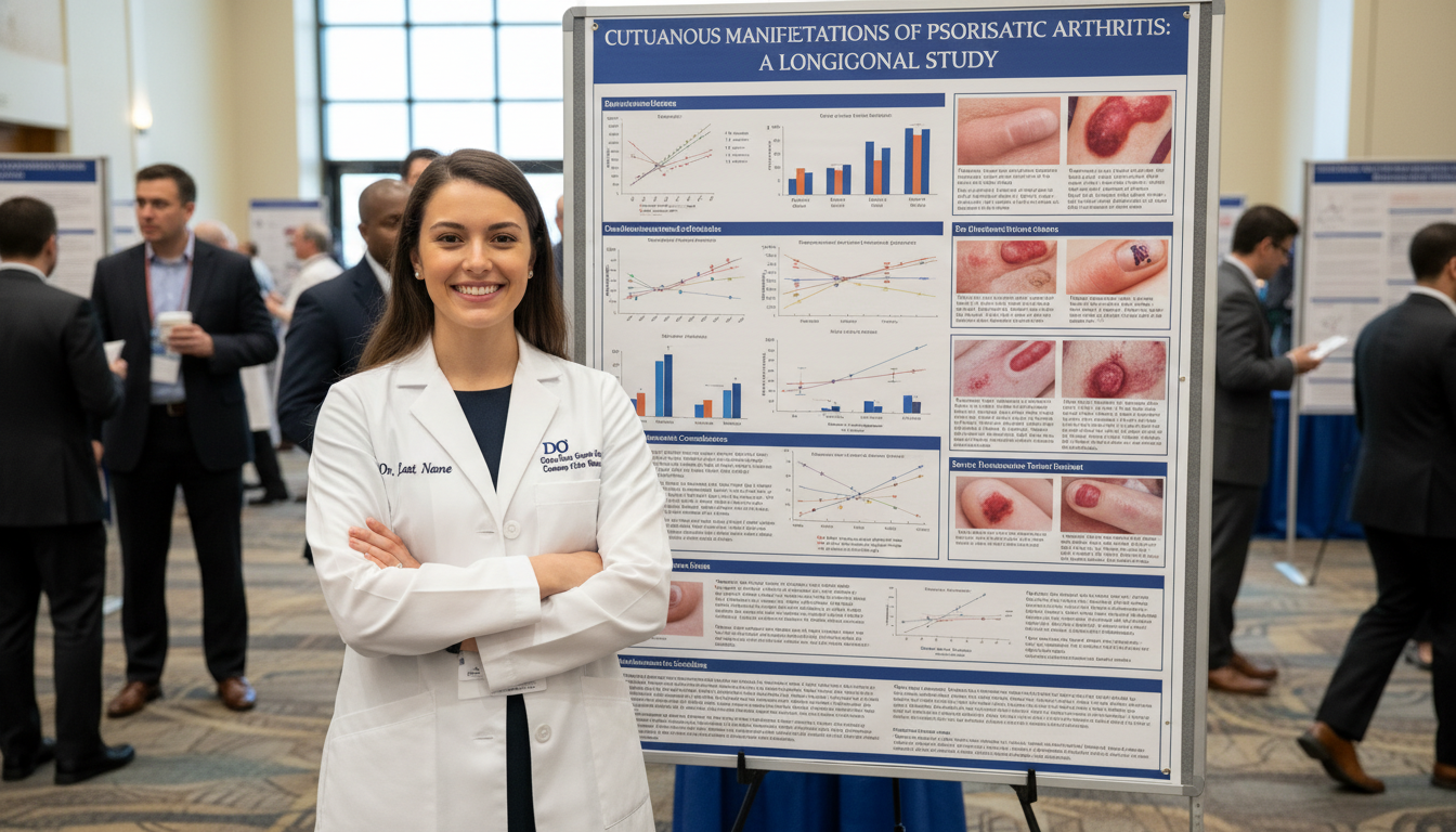 DO graduate presenting dermatology research poster - DO graduate residency for Research Profile Building for DO Graduate in D