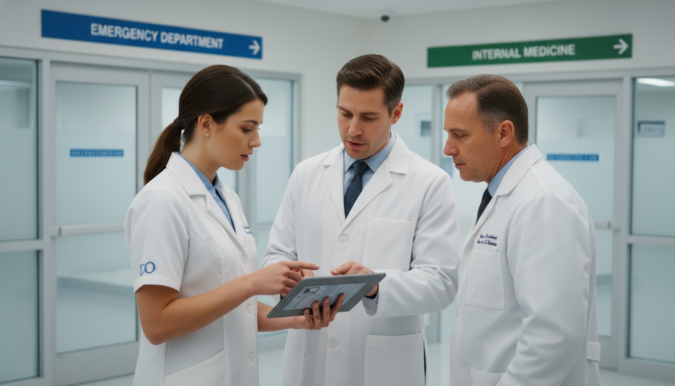 Osteopathic graduate on away rotation discussing a case with Emergency Medicine-Internal Medicine faculty Osteopathic graduate on away rotation discussing a case with Emergency Medicine-Internal Medicine faculty - DO graduate resid