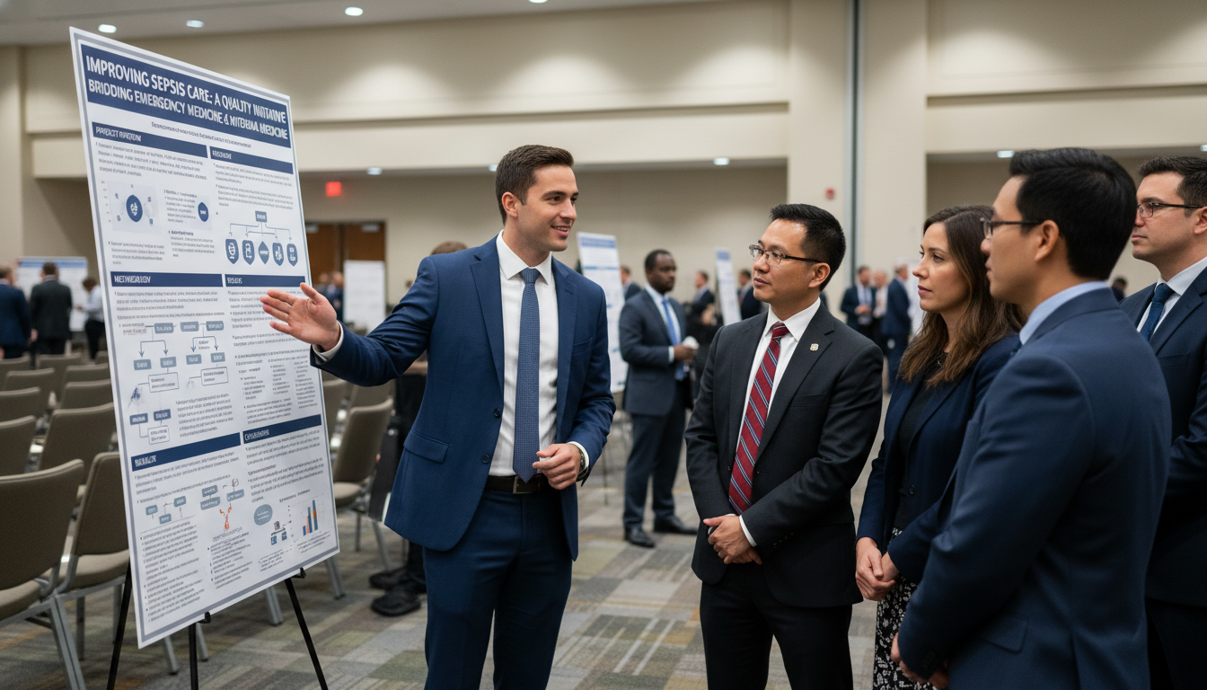 Resident presenting EM-IM quality improvement project poster - DO graduate residency for CV Building for DO Graduate in Emerg