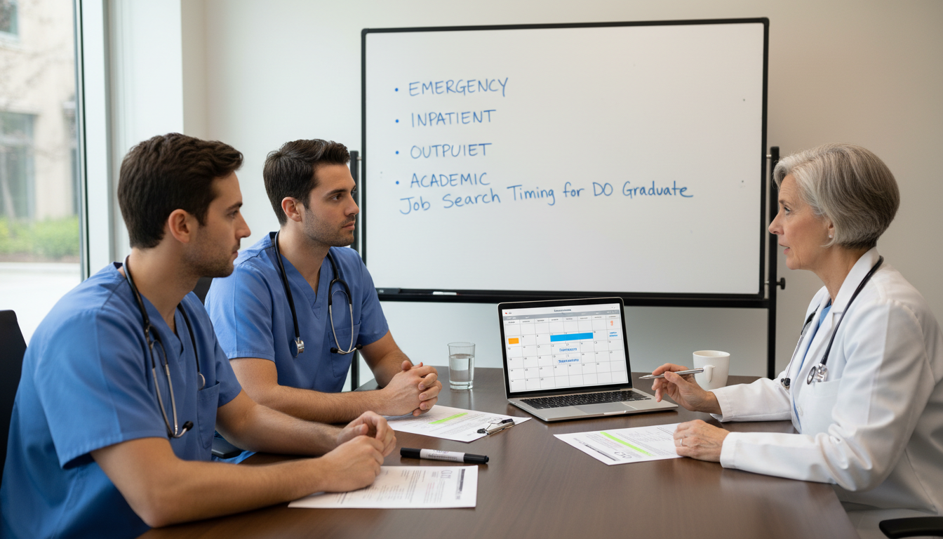Dual-trained EM-IM DO residents discussing career planning with mentor Dual-trained EM-IM DO residents discussing career planning with mentor - DO graduate residency for Job Search Timing for DO G