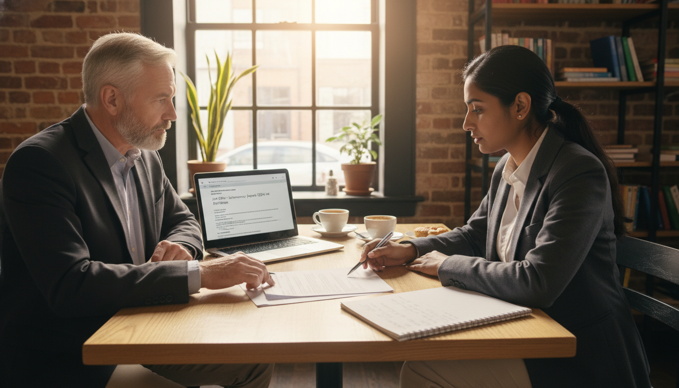 EM-IM DO resident reviewing a contract with a mentor over coffee EM-IM DO resident reviewing a contract with a mentor over coffee - DO graduate residency for Job Search Timing for DO Graduat