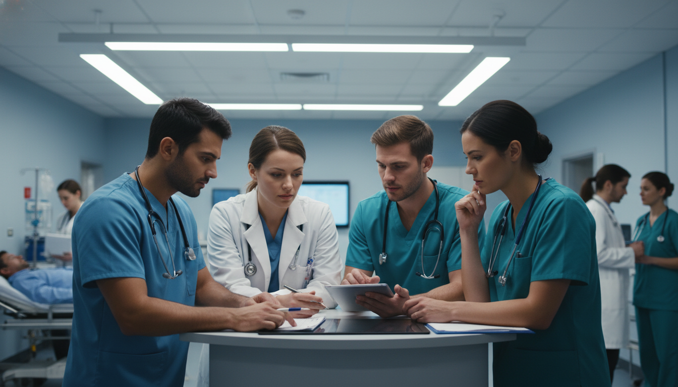 Residents in emergency department discussing training environment Residents in emergency department discussing training environment - DO graduate residency for Identifying Malignant Programs