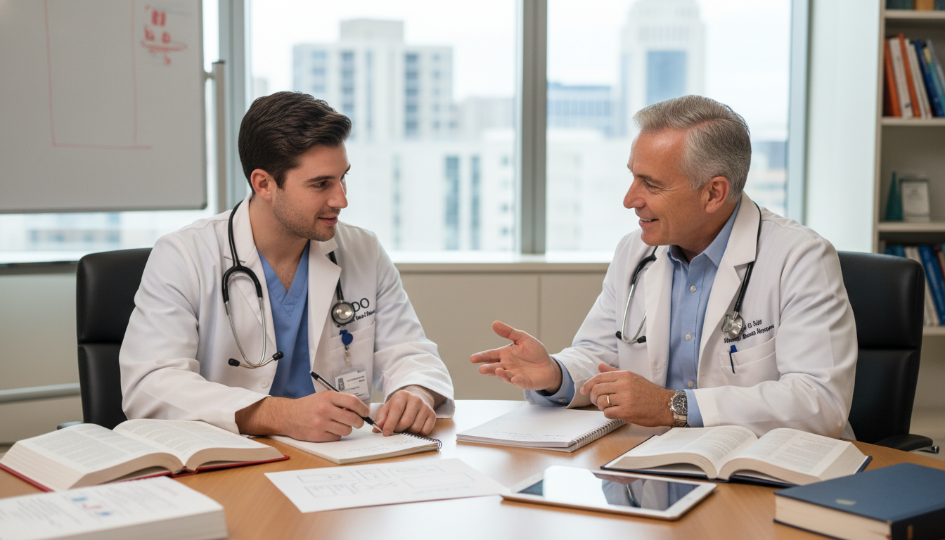 Resident physician networking with a mentor in a hospital setting - DO graduate residency for Networking in Medicine for DO G
