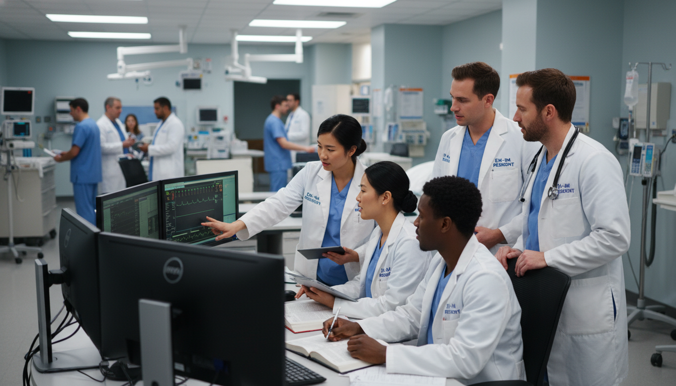 Emergency Medicine-Internal Medicine residents collaborating during a hospital shift Emergency Medicine-Internal Medicine residents collaborating during a hospital shift - DO graduate residency for Questions to