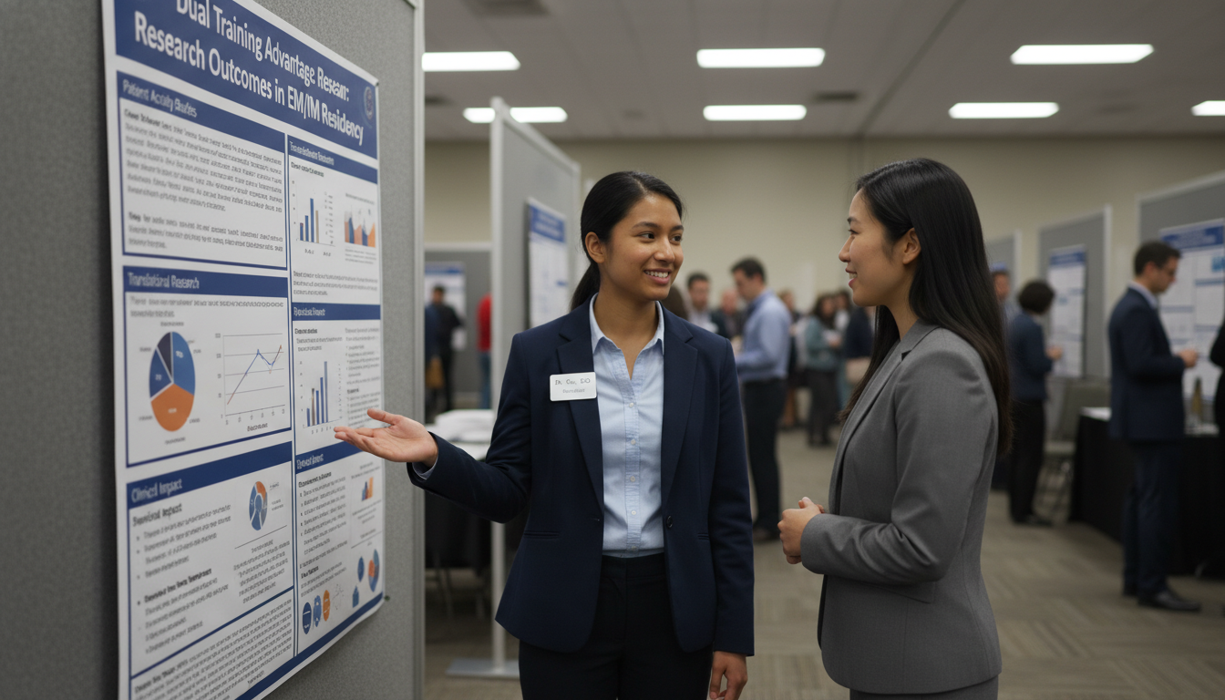 Resident presenting research poster at a medical conference - DO graduate residency for Research During Residency for DO Grad