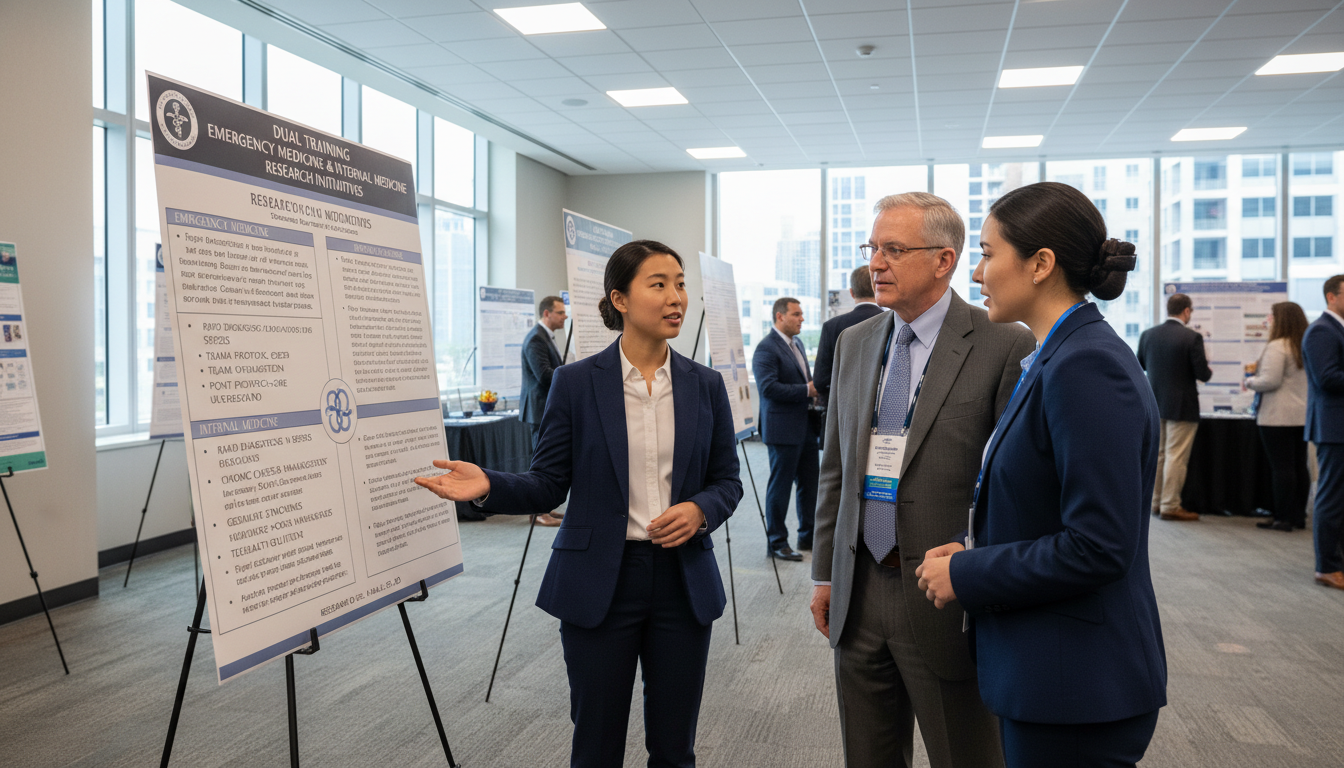 Resident presenting emergency medicine-internal medicine research poster - DO graduate residency for Research Profile Buildin