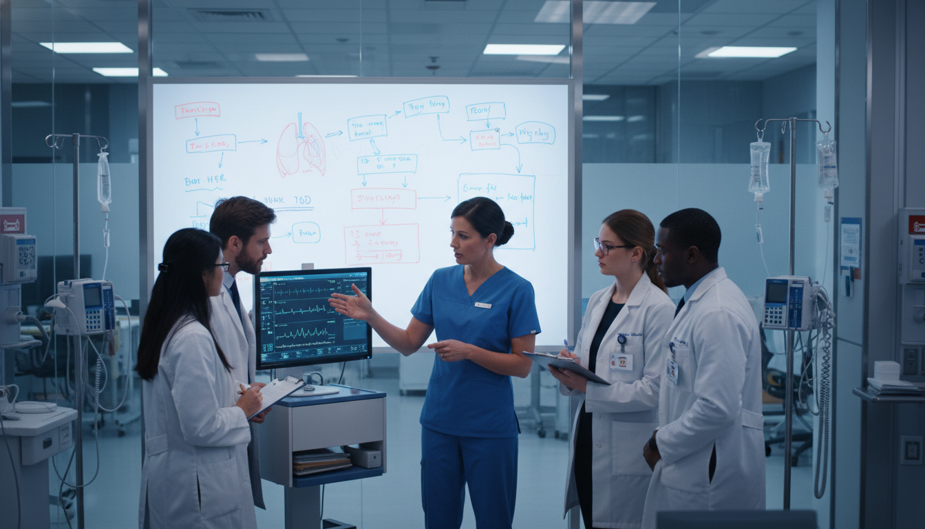 Emergency medicine physician teaching residents in an academic emergency department Emergency medicine physician teaching residents in an academic emergency department - DO graduate residency for Academic vs P