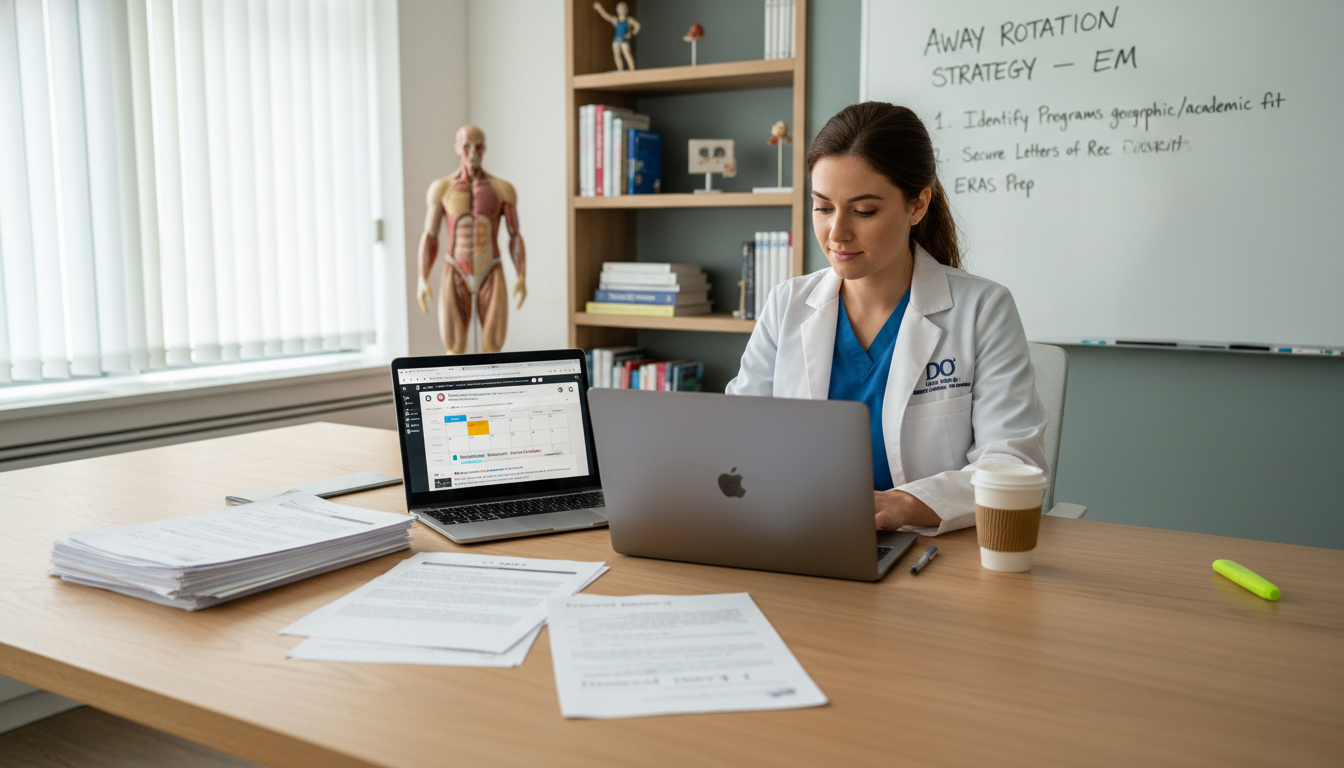 Medical student planning away rotations on laptop with calendar and documents - DO graduate residency for Away Rotation Strat