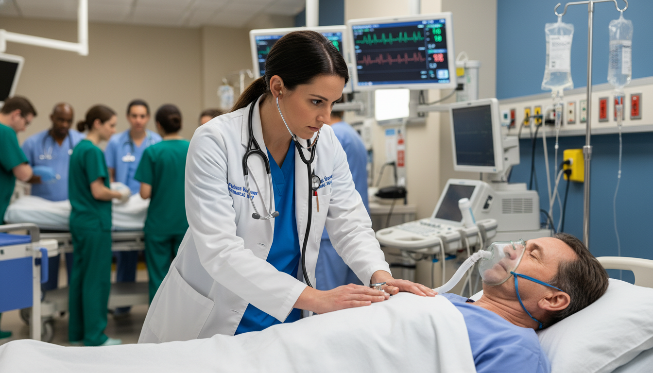 Emergency Medicine resident evaluating a patient in the emergency department Emergency Medicine resident evaluating a patient in the emergency department - DO graduate residency for CV Building for DO G