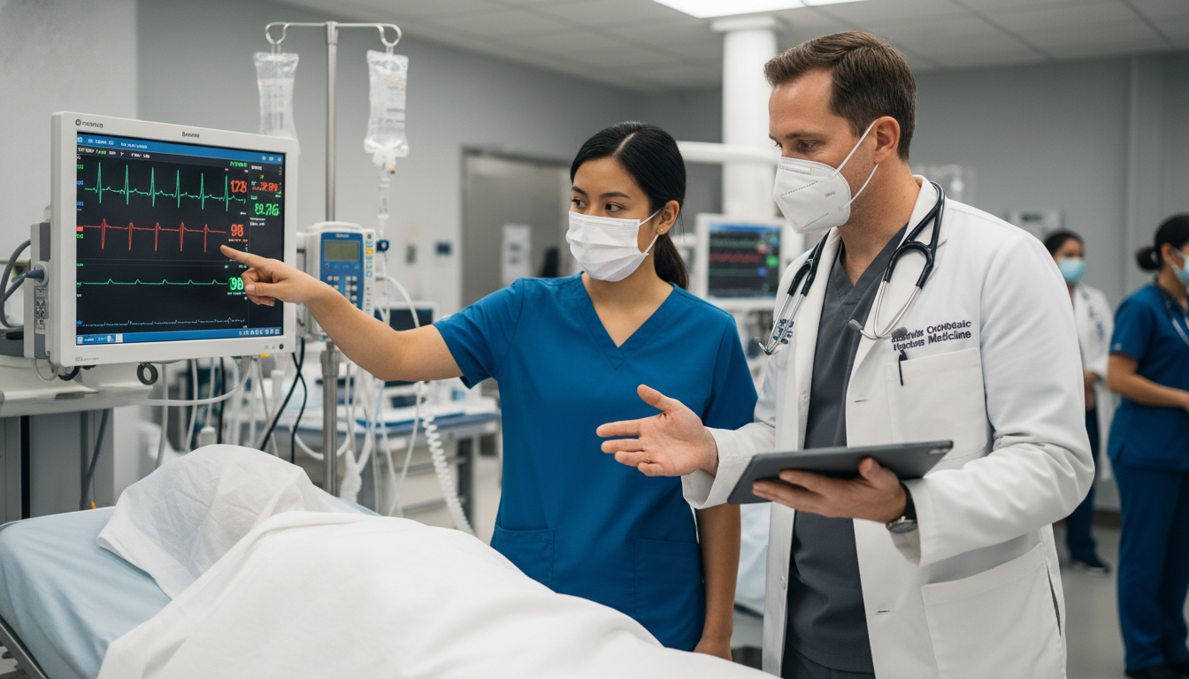 Emergency medicine resident working closely with attending physician during a busy shift Emergency medicine resident working closely with attending physician during a busy shift - DO graduate residency for Letters