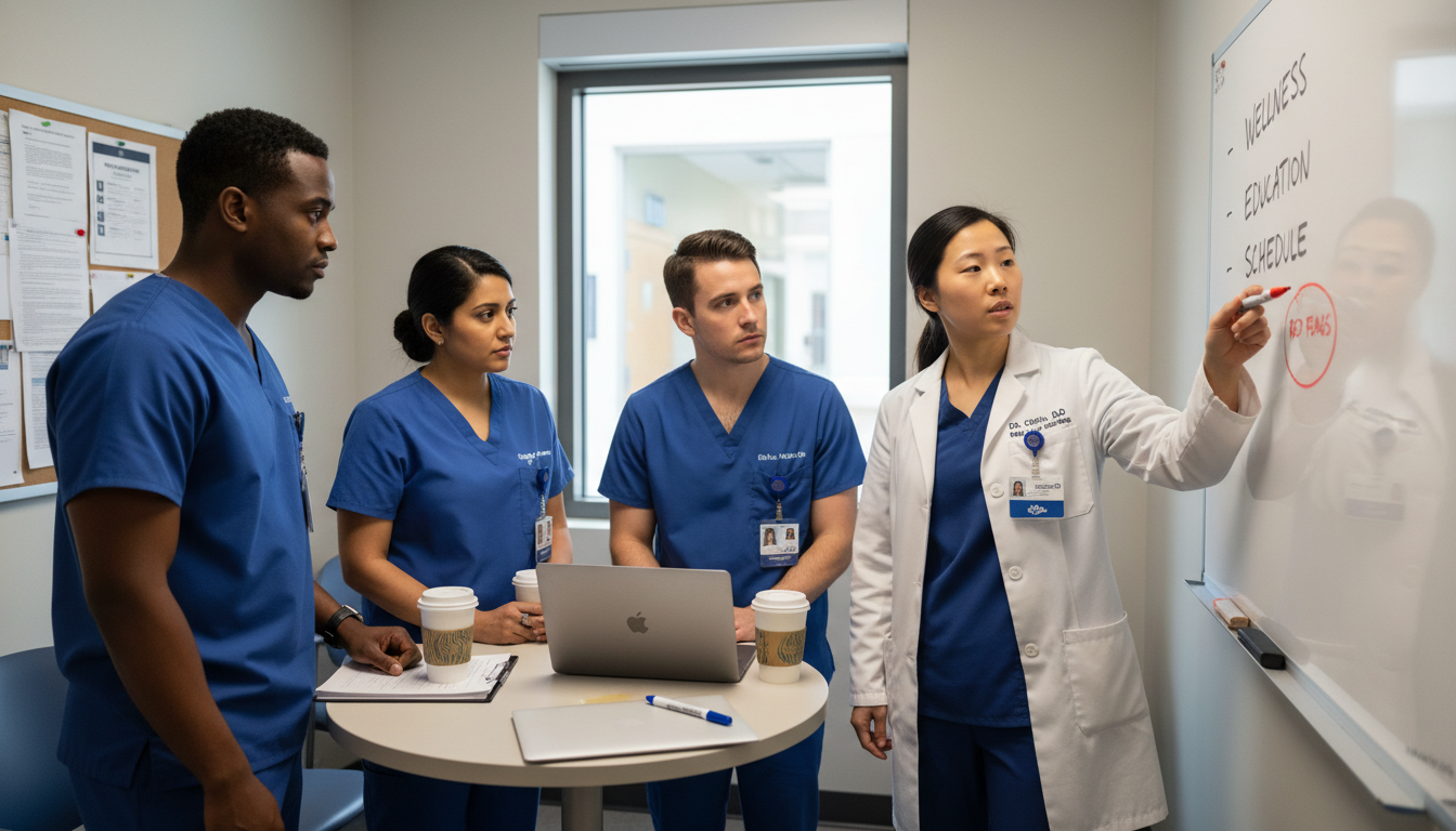 Emergency medicine residents discussing program culture and wellness Emergency medicine residents discussing program culture and wellness - DO graduate residency for Identifying Malignant Progra