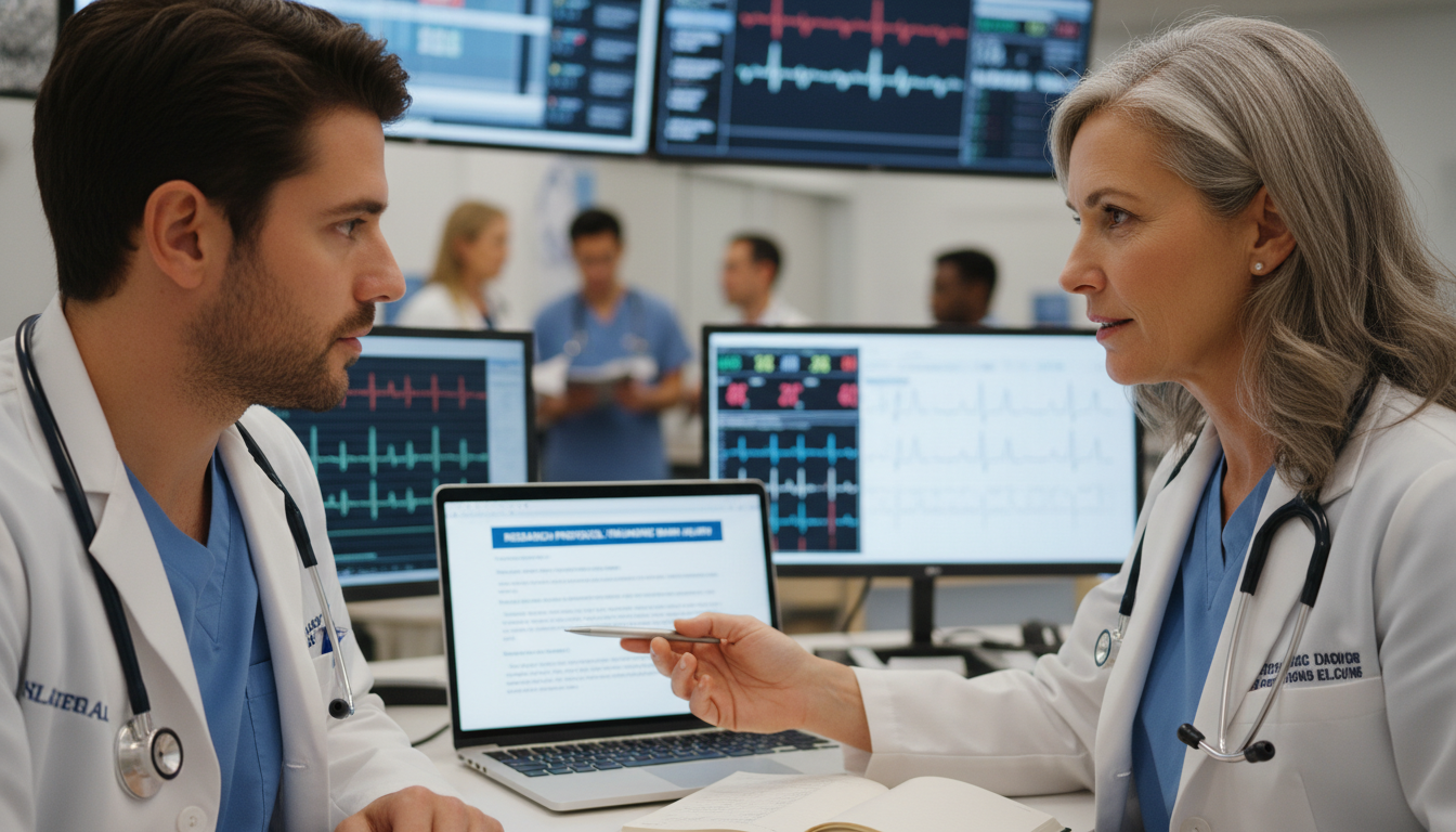 Emergency medicine resident and mentor discussing research project Emergency medicine resident and mentor discussing research project - DO graduate residency for Research During Residency for