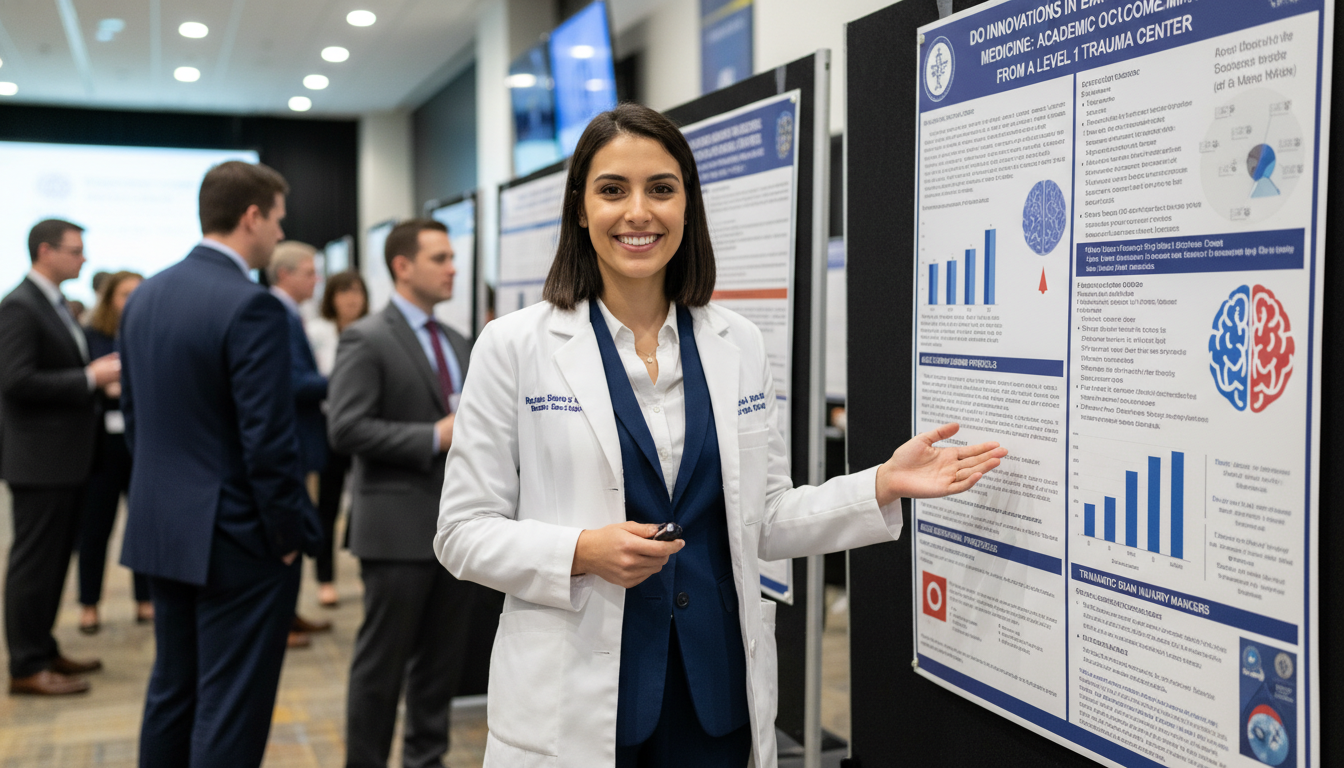 Emergency medicine resident presenting a research poster at a conference Emergency medicine resident presenting a research poster at a conference - DO graduate residency for Research Profile Buildin