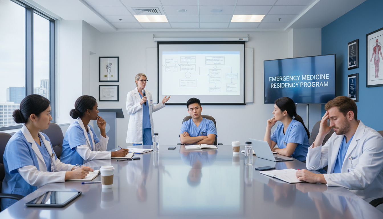 Emergency medicine residents listening during a conference Emergency medicine residents listening during a conference - DO graduate residency for Resident Turnover Warning Signs for DO