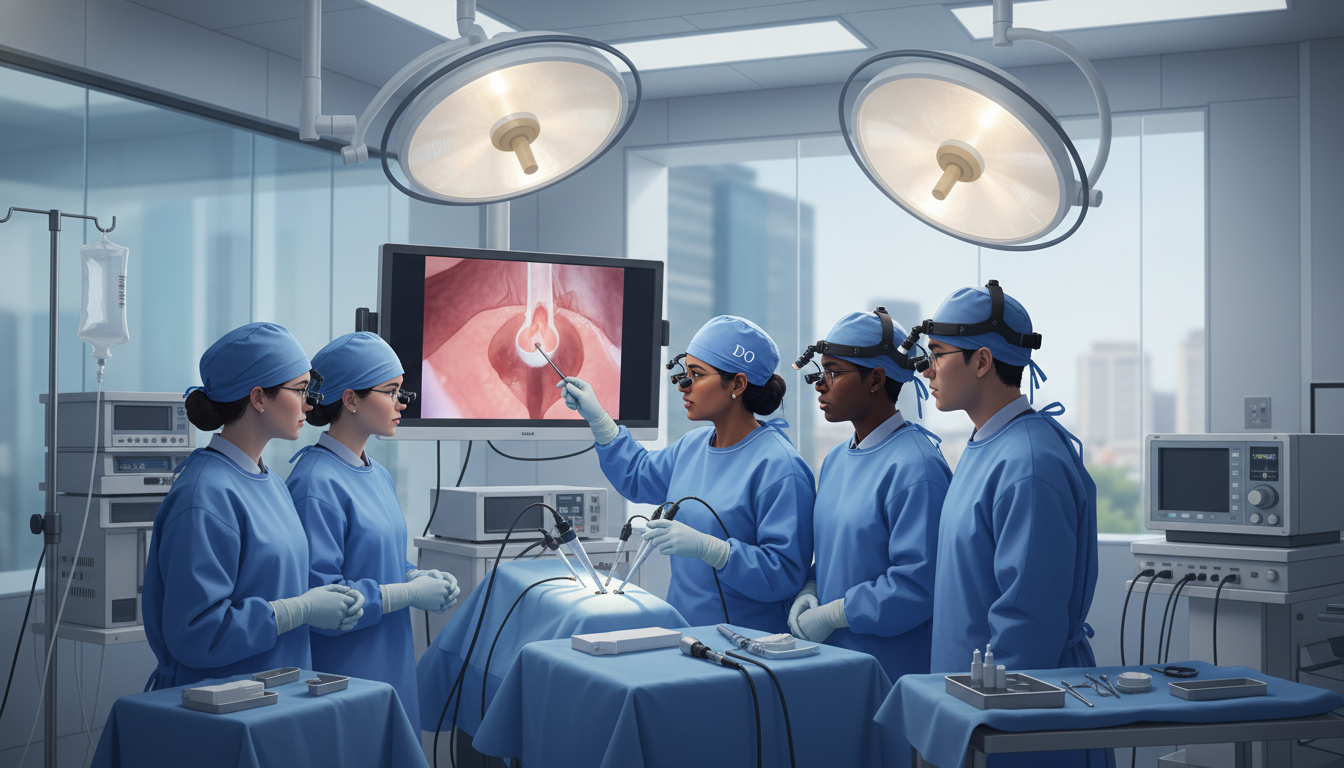 Academic otolaryngology team teaching residents in operating room - DO graduate residency for Academic vs Private Practice fo