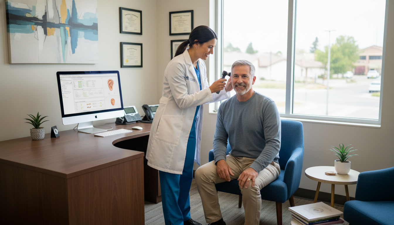 Private practice otolaryngologist consulting with a patient in clinic - DO graduate residency for Academic vs Private Practic