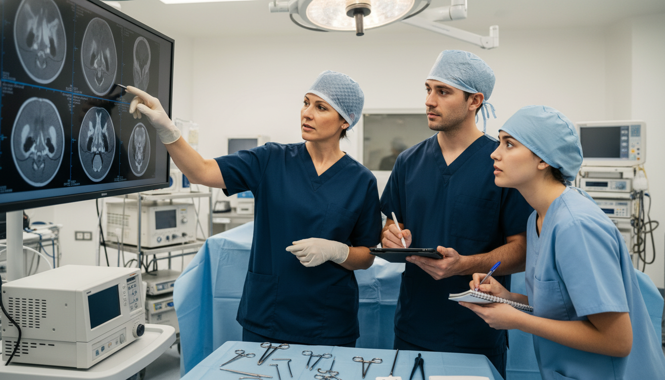 Otolaryngology team discussion in an operating room with medical student Otolaryngology team discussion in an operating room with medical student - DO graduate residency for Away Rotation Strategy f