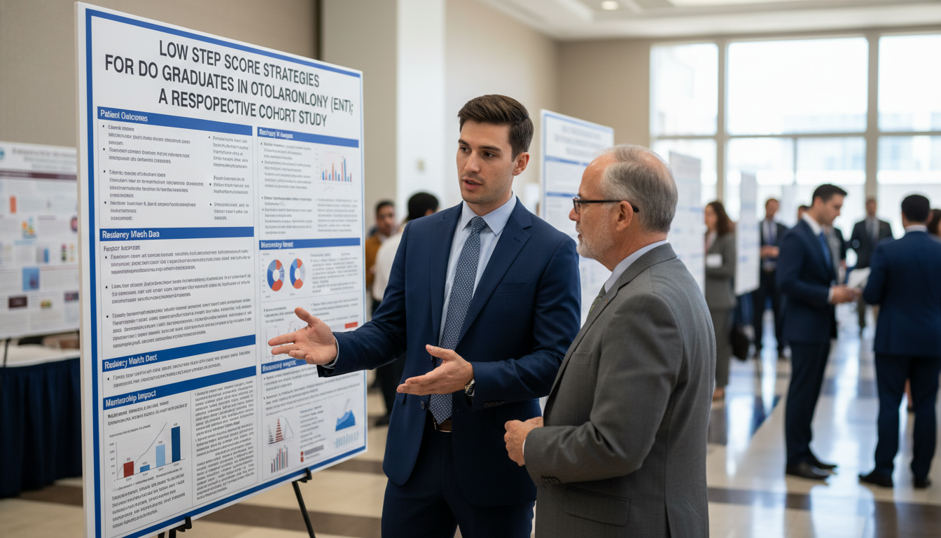 Resident applicant presenting ENT research poster at academic conference - DO graduate residency for Low Step Score Strategie