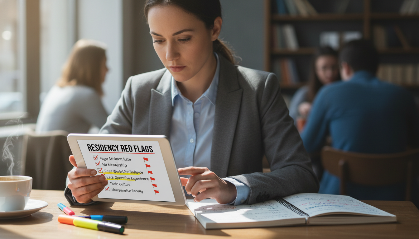 Medical resident evaluating residency programs on a tablet with checklist and red flags Medical resident evaluating residency programs on a tablet with checklist and red flags - DO graduate residency for Identifyi