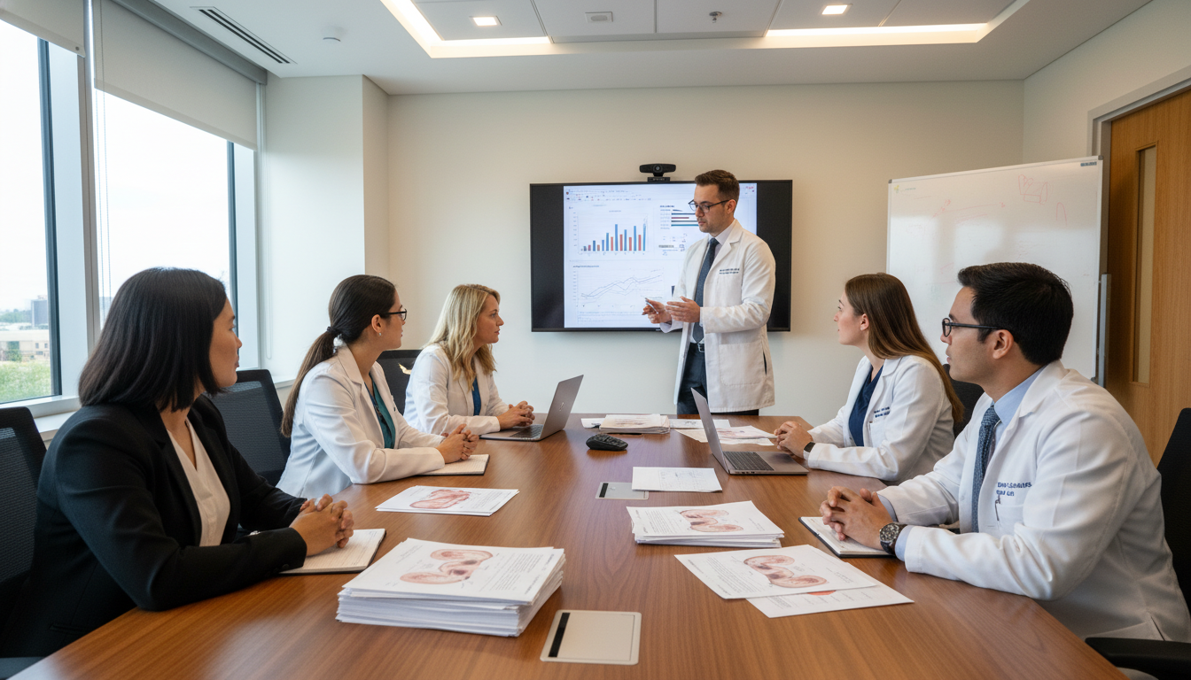 Otolaryngology residents collaborating on research in a hospital conference room - DO graduate residency for Research During
