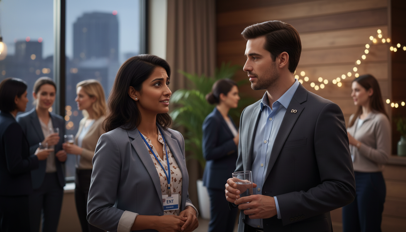 DO applicant speaking privately with otolaryngology resident during interview social event DO applicant speaking privately with otolaryngology resident during interview social event - DO graduate residency for Reside