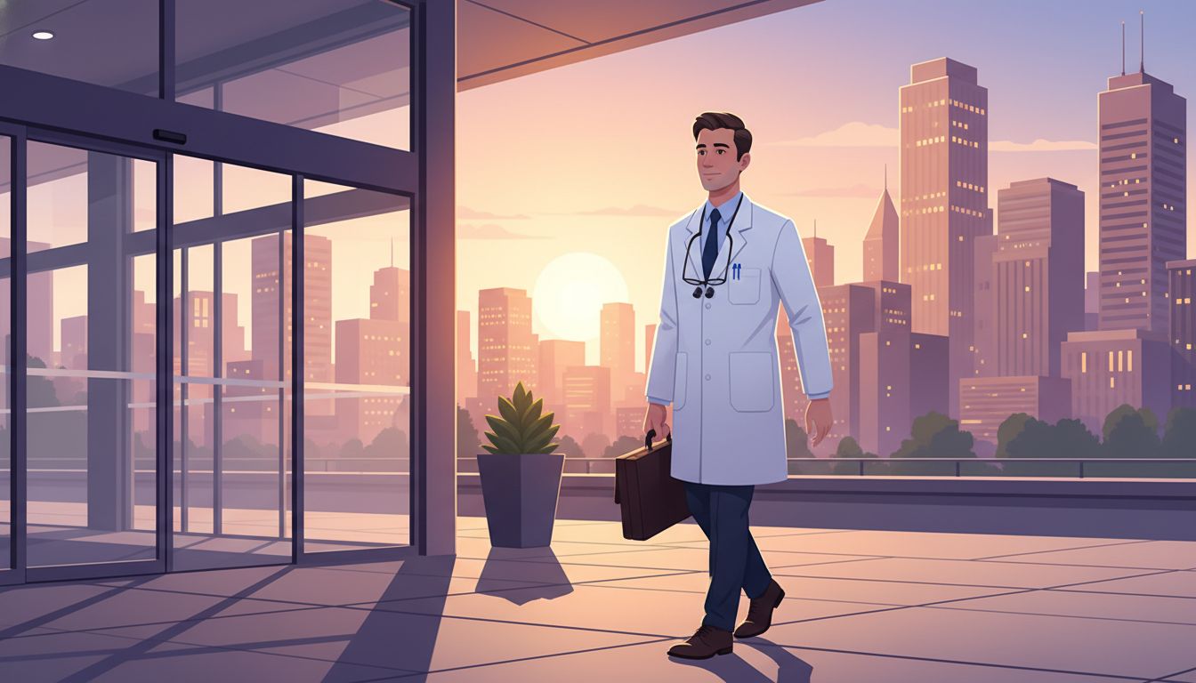 Attending otolaryngologist leaving hospital at sunset Attending otolaryngologist leaving hospital at sunset - DO graduate residency for Work-Life Balance Assessment for DO Graduat