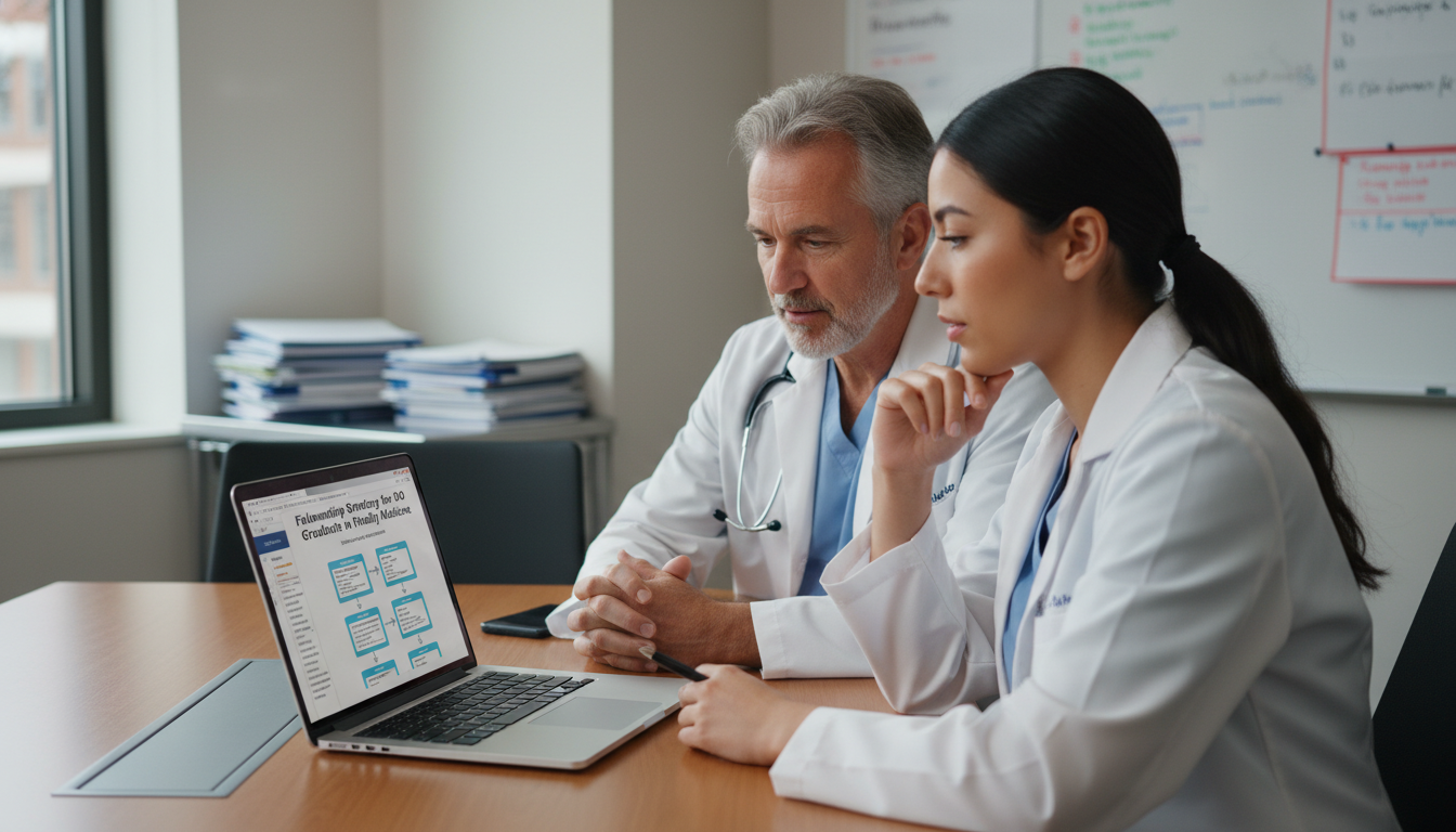 Family medicine resident discussing fellowship goals with mentor Family medicine resident discussing fellowship goals with mentor - DO graduate residency for Fellowship Preparation for DO Gr