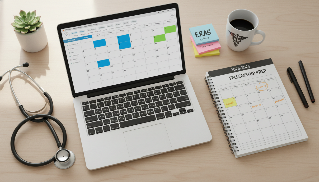 Timeline planning for fellowship applications on calendar and laptop Timeline planning for fellowship applications on calendar and laptop - DO graduate residency for Fellowship Preparation for D