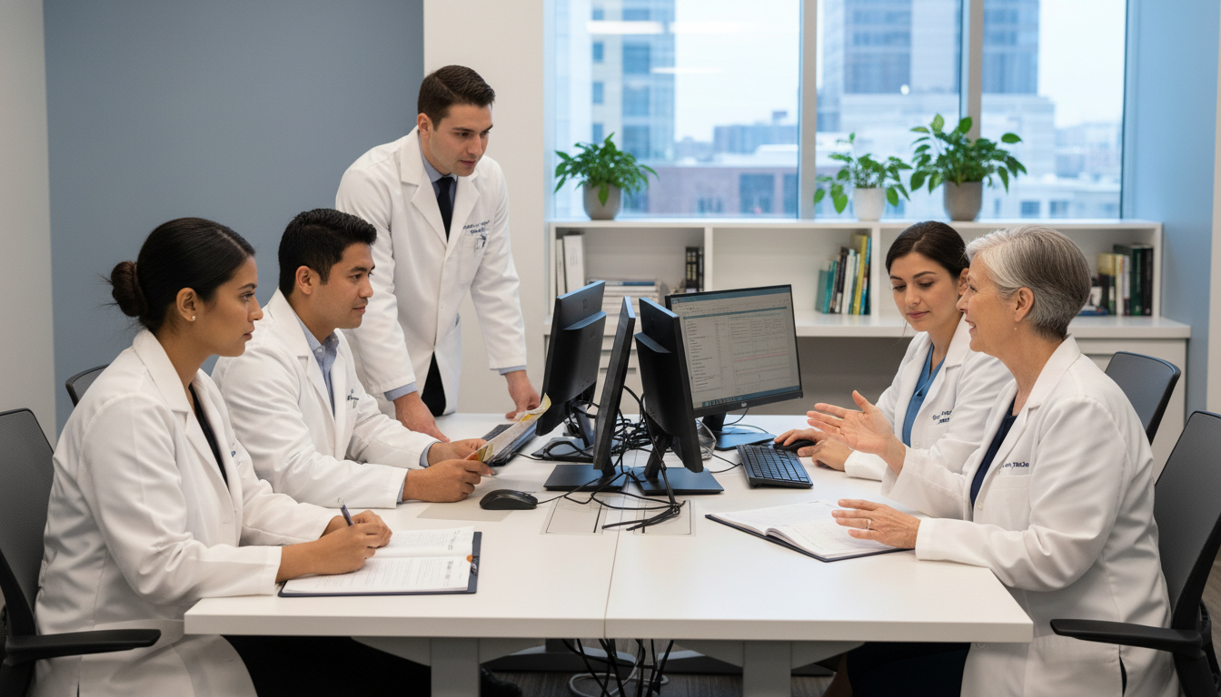 Family medicine residents in continuity clinic discussing patient care - DO graduate residency for Common Interview Questions