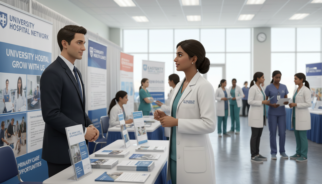 Family medicine resident networking at a career fair Family medicine resident networking at a career fair - DO graduate residency for Job Search Timing for DO Graduate in Family