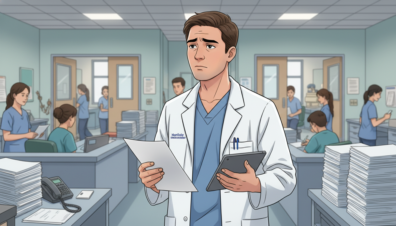 Family medicine resident looking overwhelmed in a busy clinic hallway Family medicine resident looking overwhelmed in a busy clinic hallway - DO graduate residency for Identifying Malignant Progr