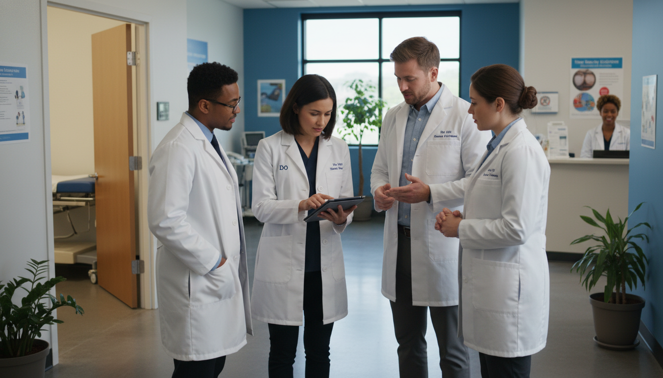 Family medicine resident team discussing patient care in a community clinic - DO graduate residency for Program Selection Str