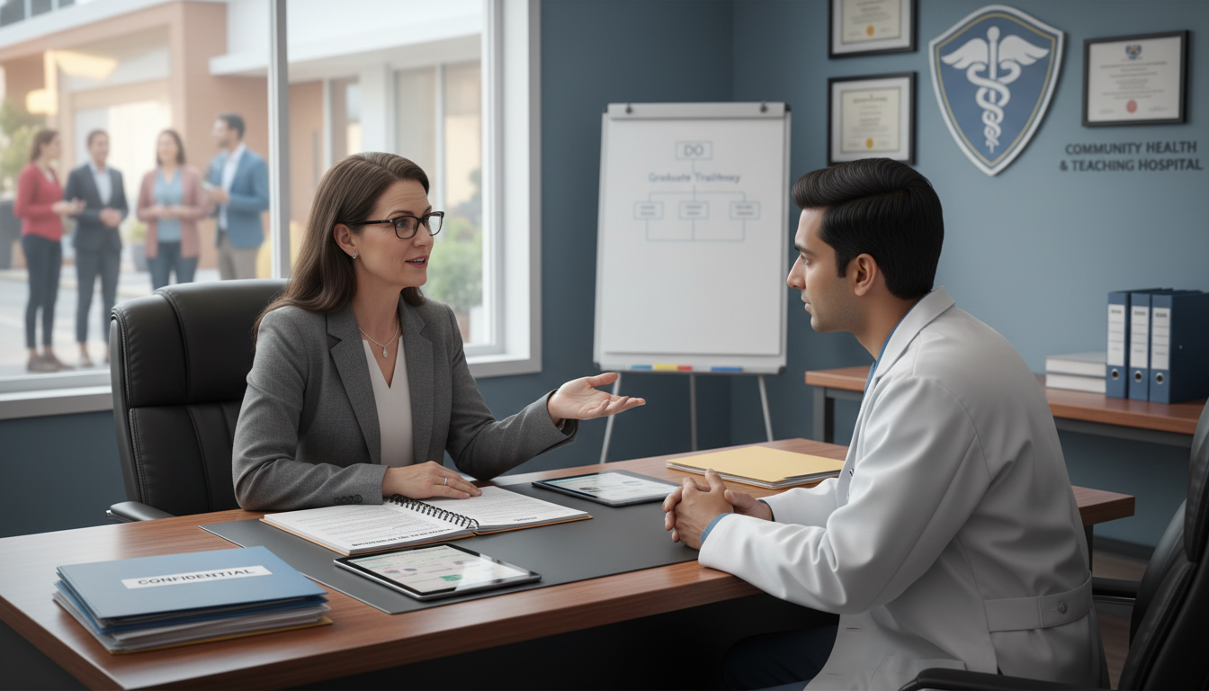 Family medicine program director speaking with resident in clinic Family medicine program director speaking with resident in clinic - DO graduate residency for Questions to Ask Programs for D